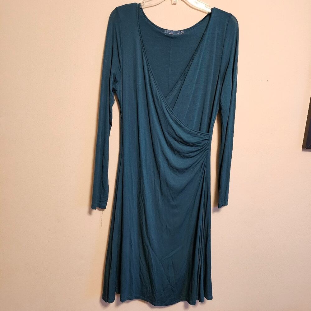 Prana Nadia Medium Teal Long Sleeve Faux Wrap V Neck Dress